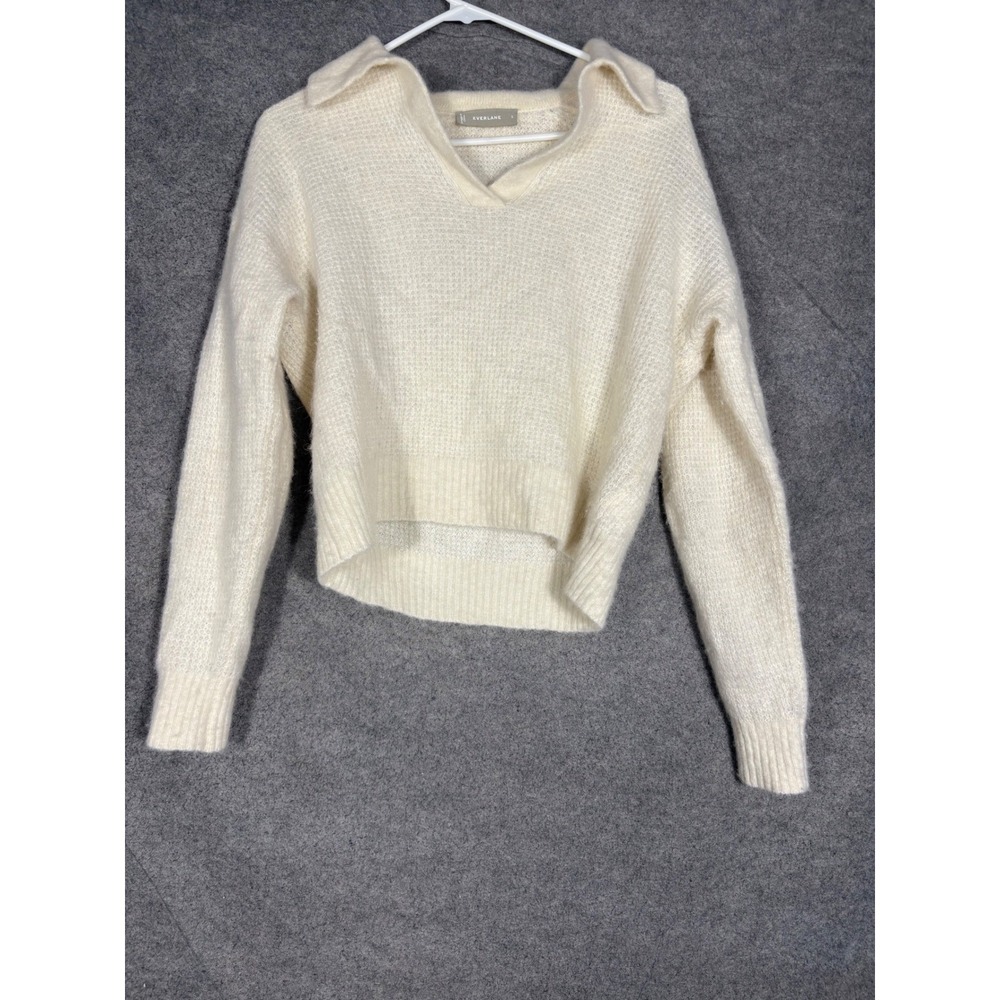Everlane Alpaca Waffle Polo Sweater Cream White V-Neck Knit Small